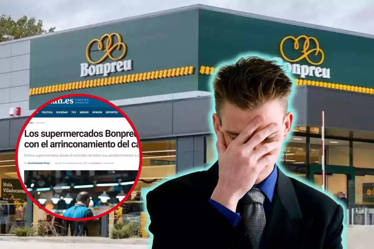 Home amb vestit i corbata es cobreix la cara amb la mà davant d'un supermercat Bonpreu, mentre una retallada de diari a la cantonada esquerra esmenta una notícia sobre aquests supermercats.