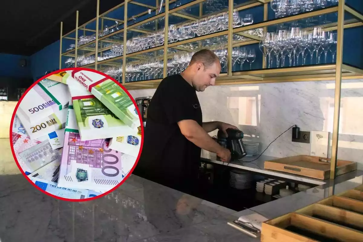 Muntatge amb imatge d'un cambrer treballant en un bar. A l'esquerra, dins d'un cercle, bitllets de 200 i 500 euros
