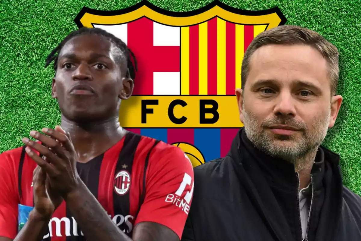 Dues persones davant d'un escut del FC Barcelona, una amb una samarreta de l'AC Milan.