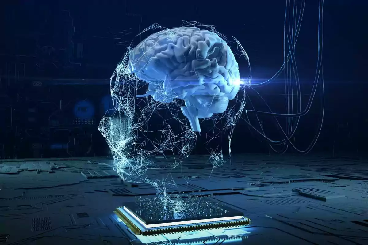 Representació digital dun cervell flotant sobre un microxip en un entorn tecnològic. Representació digital dun cervell flotant sobre un microxip en un entorn tecnològic.