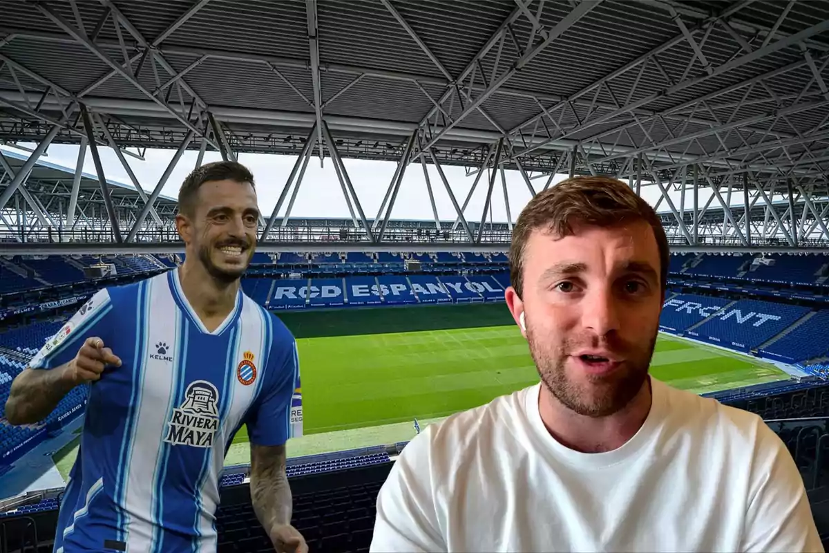 Dos hombres en un estadio de fútbol, uno de ellos con la camiseta del RCD Espanyol.