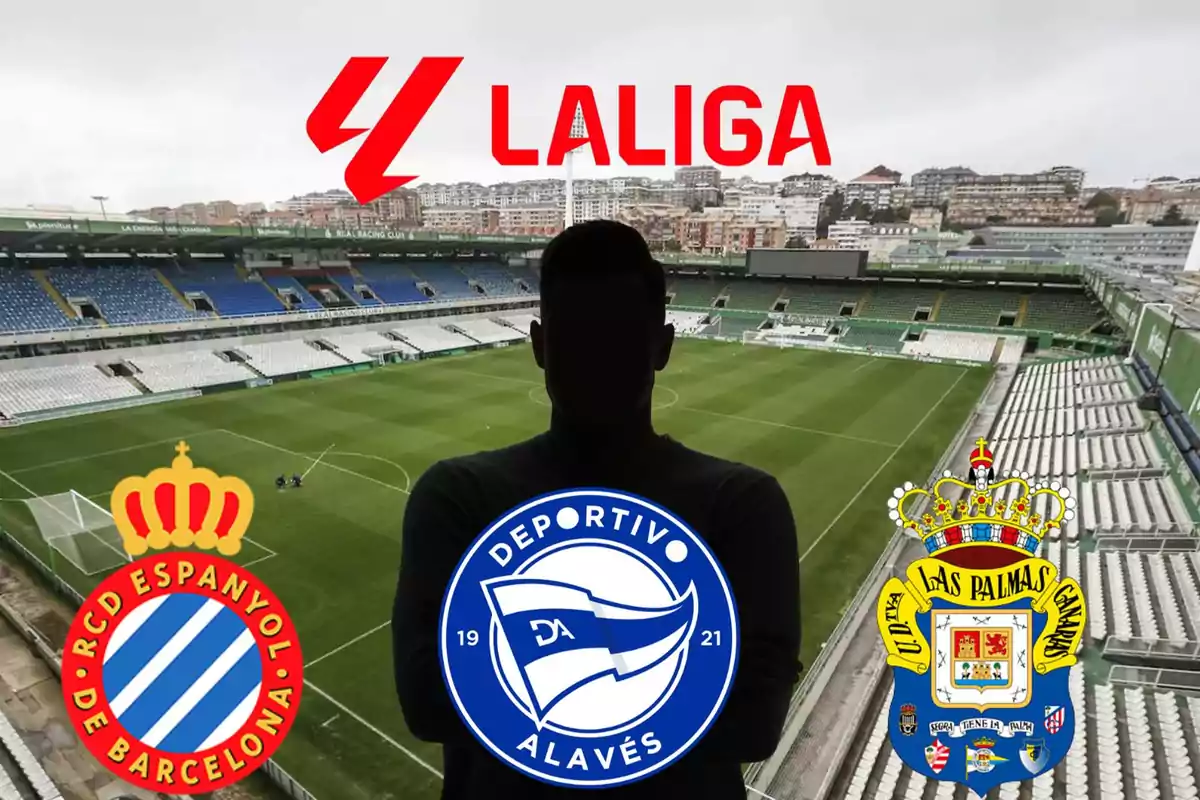 Estadi de futbol buit amb logotips de la Lliga, RCD Espanyol, Esportiu Alabès i UD Las Palmas, i una silueta d'una persona en primer pla.