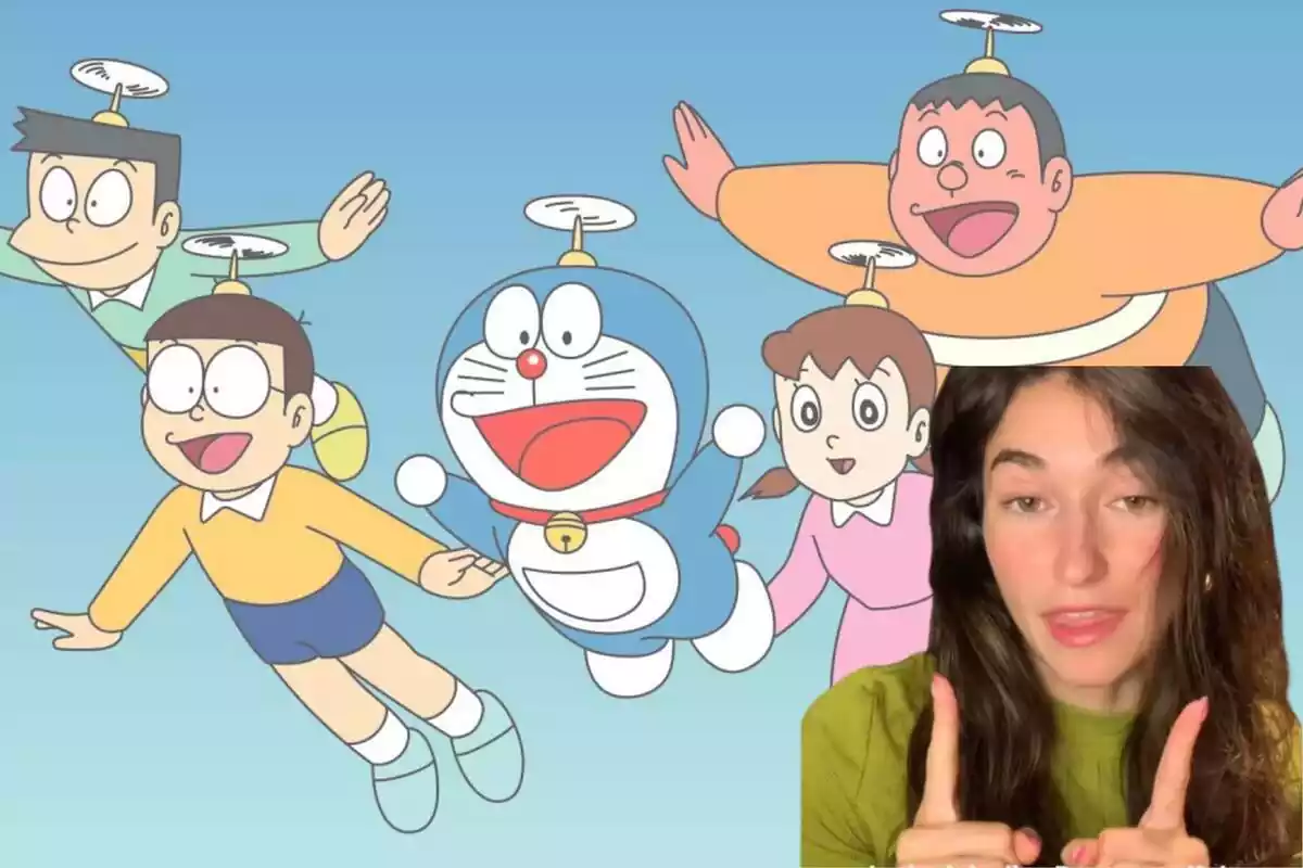 Muntatge amb personatges de Doraemon de fons i la tiktoker anepe.acede en segon terme