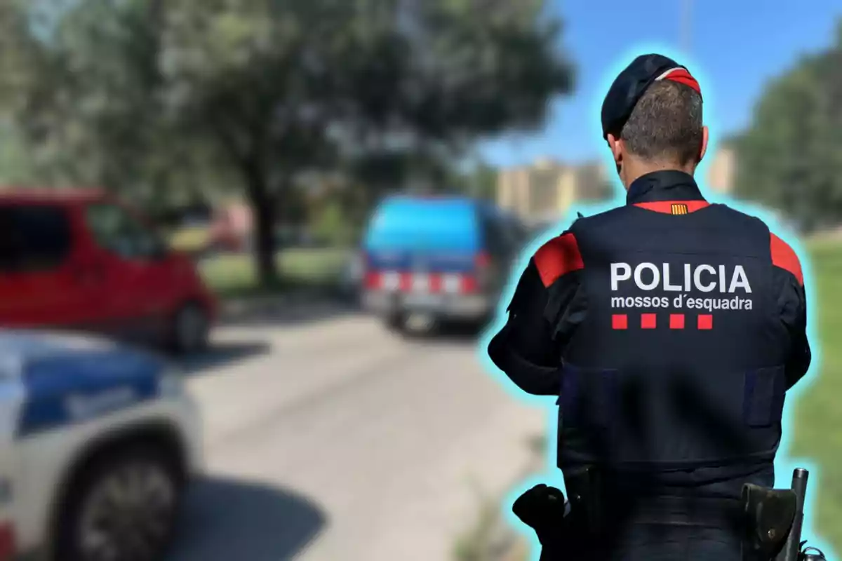 Un agente de policía de los Mossos d'Esquadra de espaldas con vehículos policiales y un árbol desenfocados al fondo.