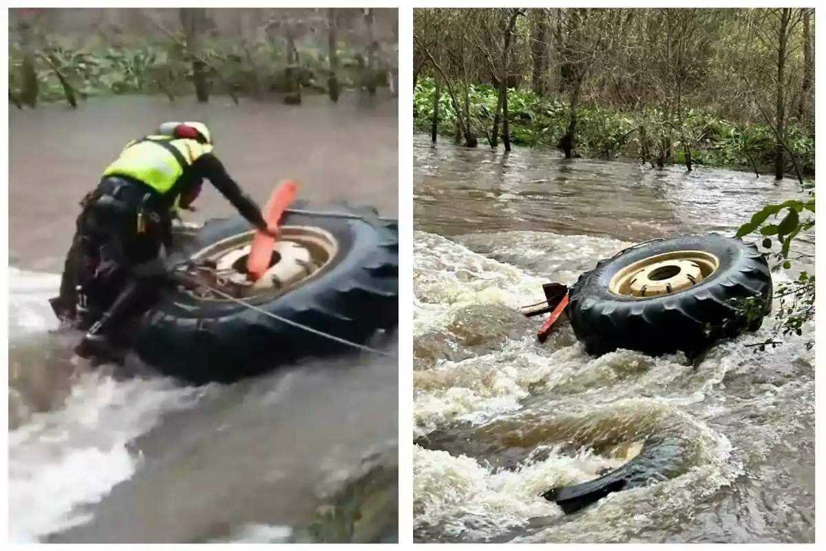 Un rescatista con chaleco amarillo intenta asegurar una llanta de tractor en un río caudaloso mientras la corriente arrastra la llanta.