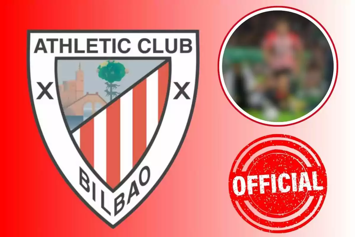 Escut de l'Athletic Club de Bilbao amb un segell vermell que diu “OFFICIAL” i una imatge borrosa d'un jugador de futbol.