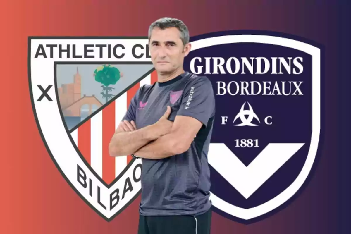 Un home amb els braços plegats davant dels escuts de l'Athletic Club de Bilbao i el Girondins de Bordeaux.