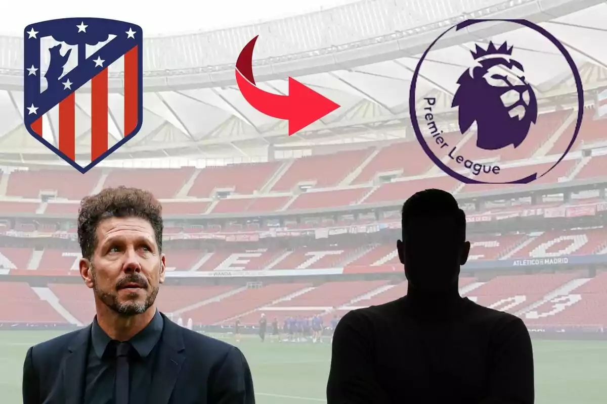 Un entrenador del Atlético de Madrid observa hacia arriba mientras una flecha roja apunta del escudo del Atlético de Madrid al logo de la Premier League, con la silueta de una persona en el fondo del estadio.