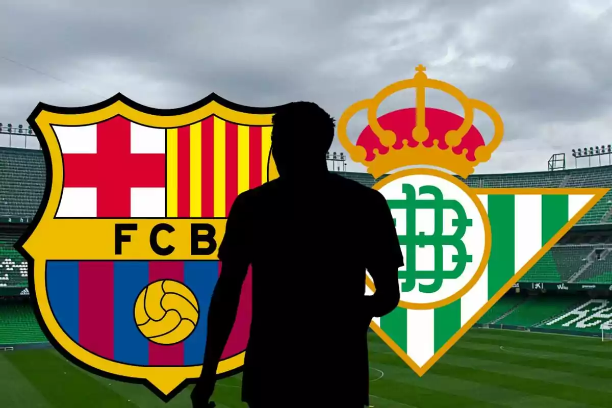Una silueta d?una persona es troba davant dels escuts del FC Barcelona i el Reial Betis en un estadi de futbol. Una silueta d?una persona es troba davant dels escuts del FC Barcelona i el Reial Betis en un estadi de futbol.