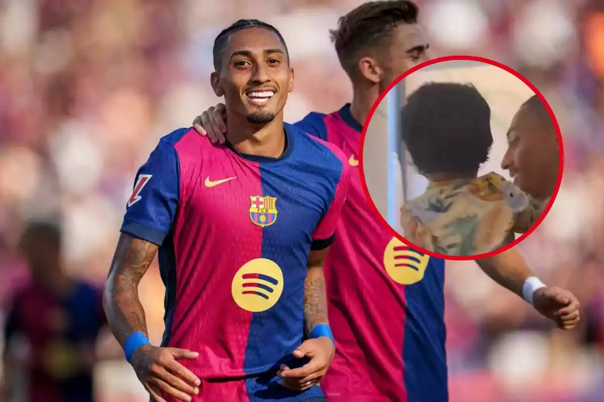 Un jugador del FC Barcelona somriu mentre un altre jugador l'abraça per l'espatlla, amb un requadre que en mostra una imatge amb un nen.