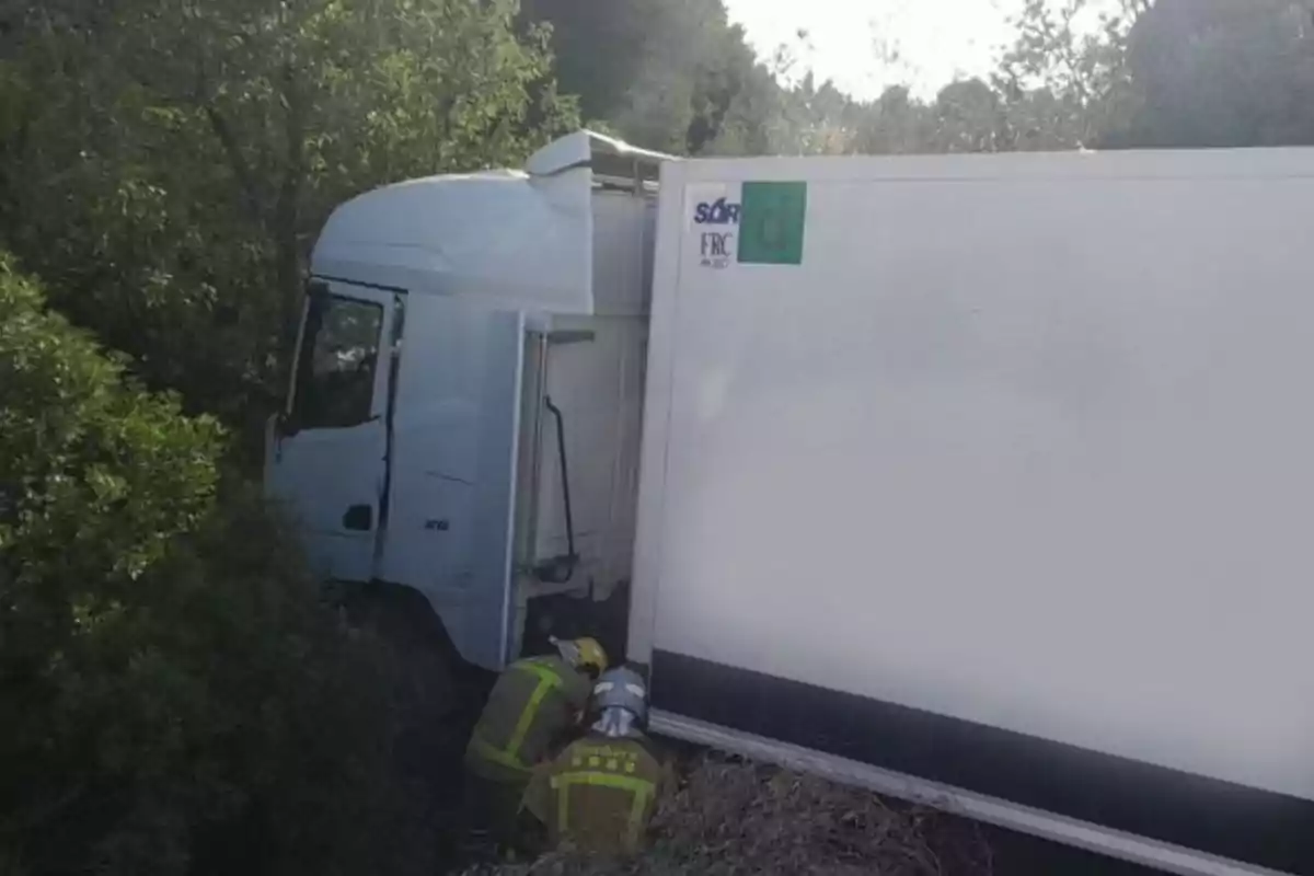 Camión blanco accidentado en un área boscosa con dos bomberos trabajando en la parte trasera.