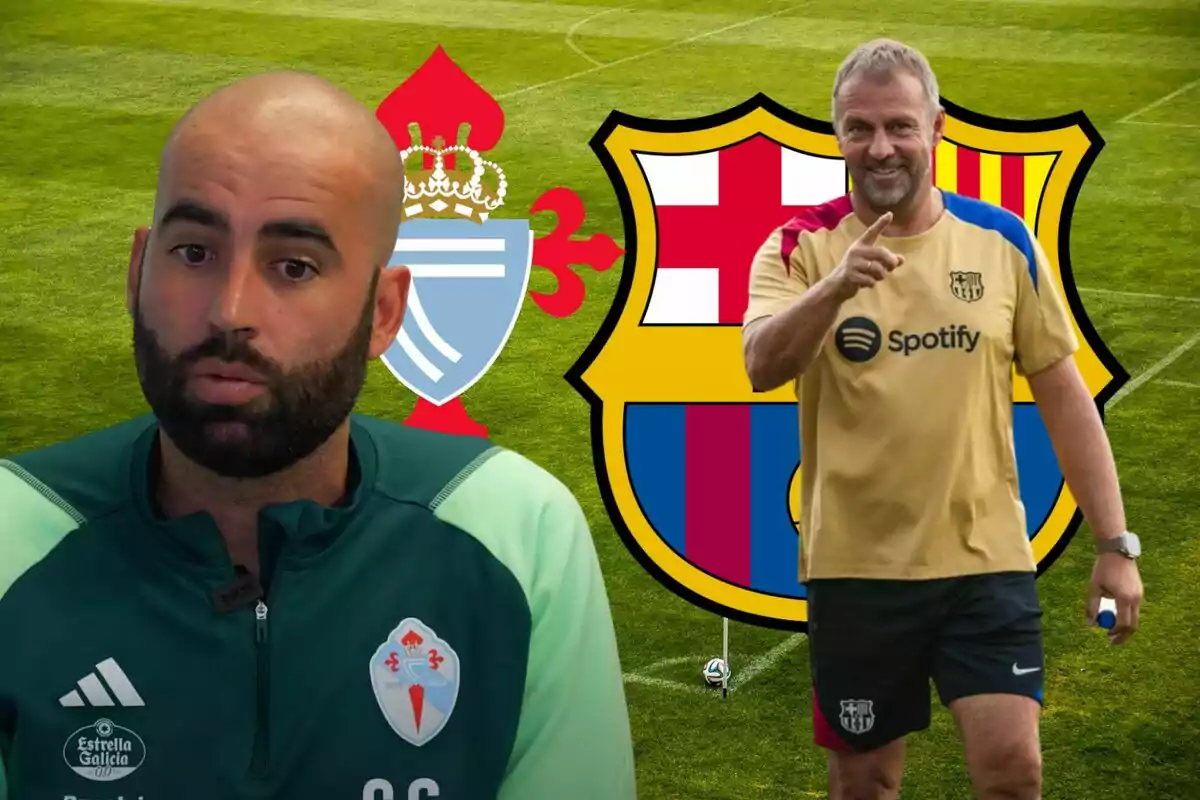 Dos entrenadores de fútbol, uno del Celta de Vigo y otro del FC Barcelona, con los escudos de sus respectivos equipos de fondo.