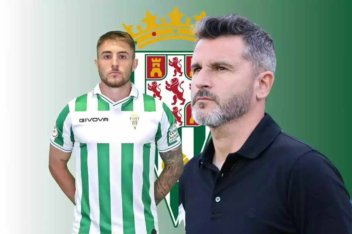 Un jugador de futbol amb uniforme de ratlles verdes i blanques i un home amb barba i cabell canós a primer pla, amb un escut de fons.