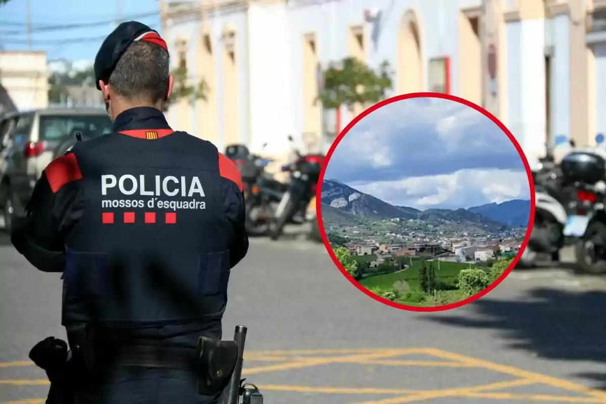 Un agent de policia d'esquena amb un uniforme que diu Policia Mossos d'Esquadra i un cercle inserit mostrant un paisatge muntanyós.