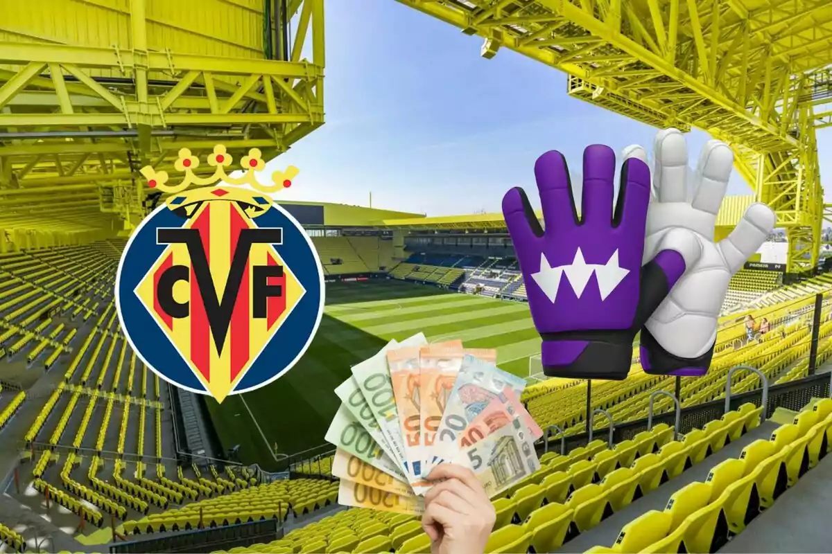 Estadi de futbol amb el logo del Vila-real CF, guants de porter i una mà sostenint bitllets d'euro.