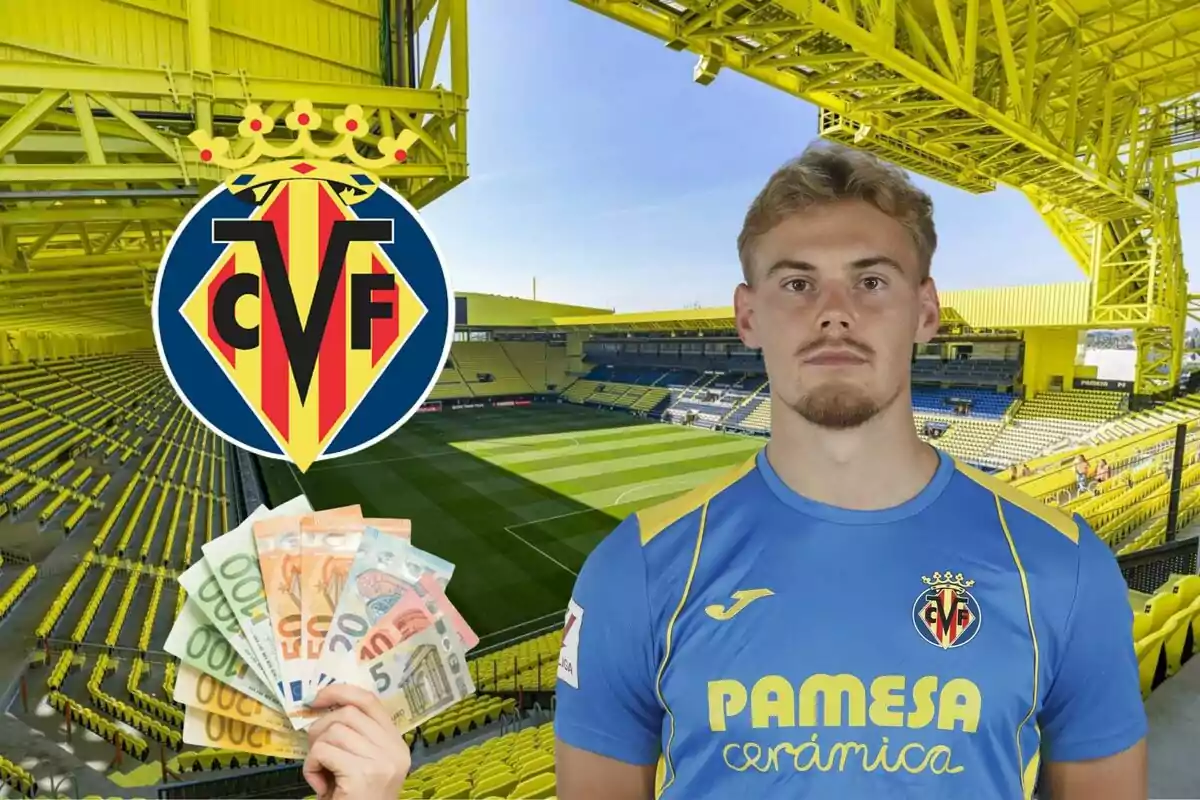 Un jugador del Vila-real CF amb una samarreta blava i groga, amb un estadi buit i el logo de l'equip, mentre una mà sosté bitllets d'euro.