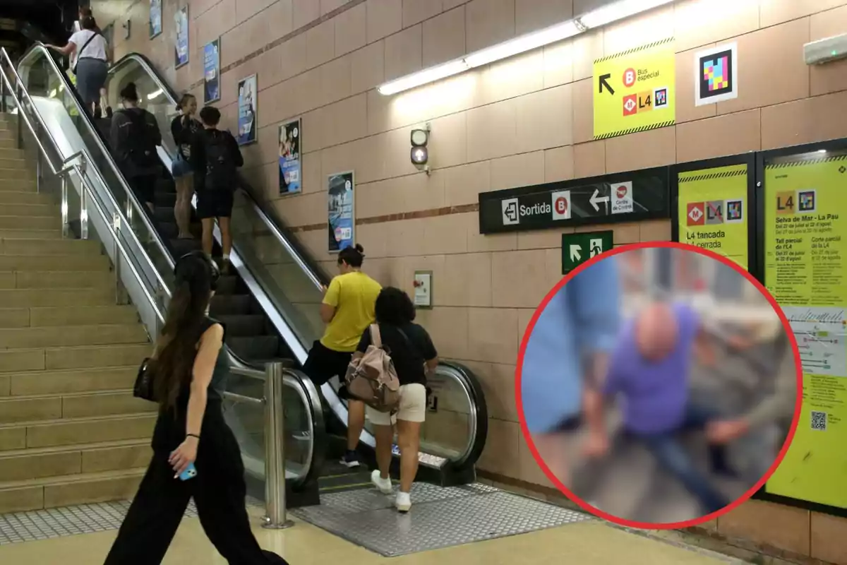 Personas subiendo por una escalera mecánica en una estación de metro, con un cartel de aviso de cierre parcial de la línea L4 y una señal de salida.