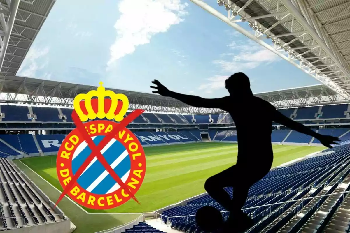 Un estadi de futbol buit amb el logotip del RCD Espanyol de Barcelona ratllat i la silueta d?un jugador de futbol en primer pla.