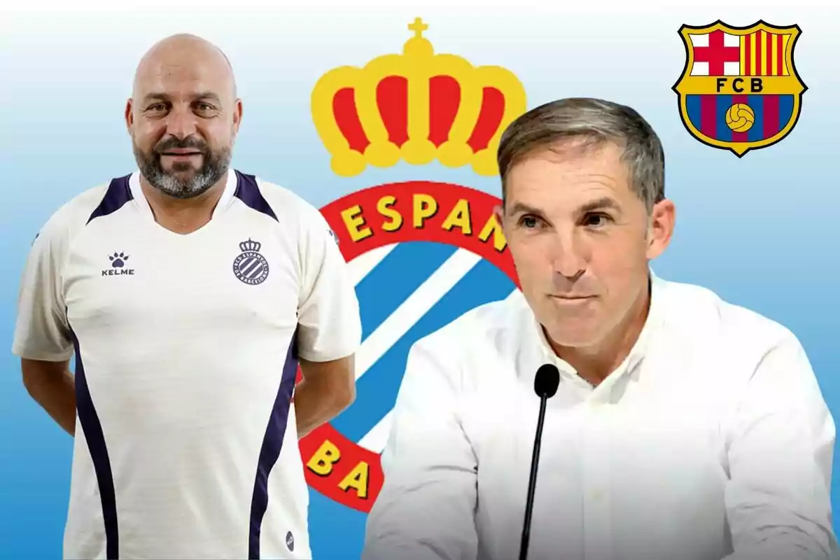 Dos homes posen davant els escuts del RCD Espanyol i el FC Barcelona.