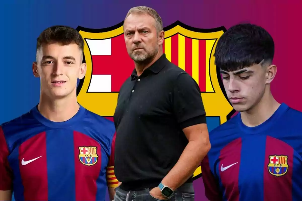 Tres persones, dues amb uniformes del FC Barcelona i una al centre amb roba casual, amb l'escut del FC Barcelona de fons.