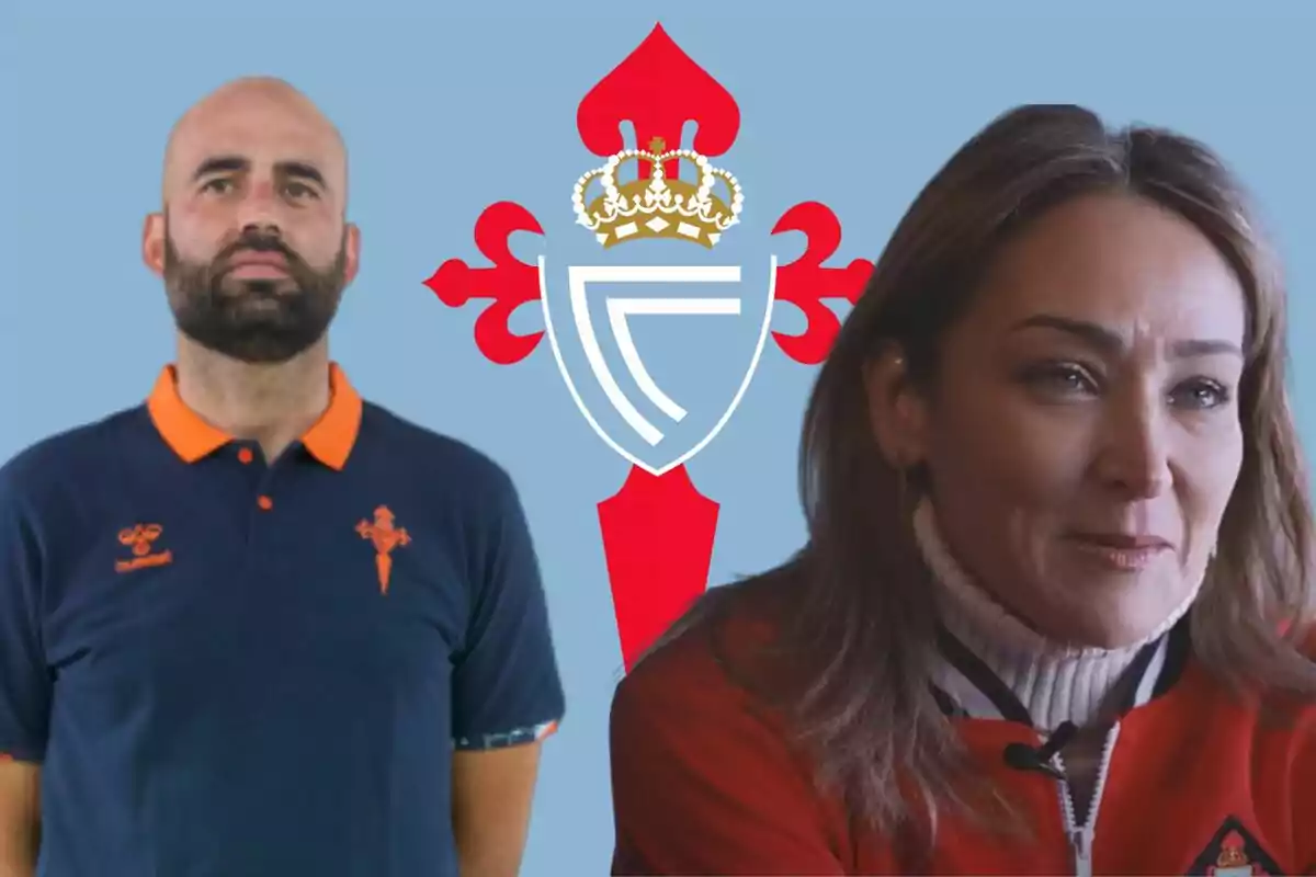 Dues persones posen davant d'un fons blau amb l'escut del Celta de Vigo.