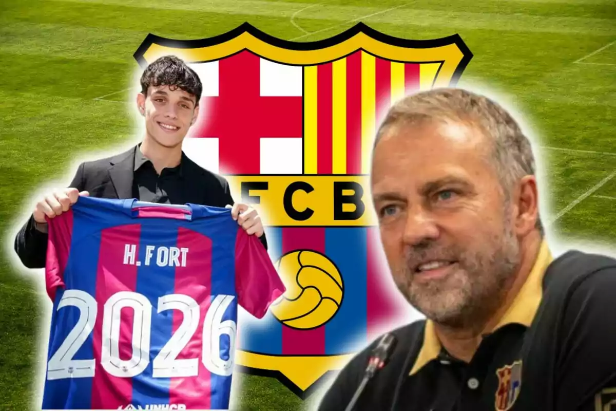 Un jove sosté una samarreta del FC Barcelona amb el nom "H. Fort" i l'any "2026" mentre somriu, amb l'escut del club i un home gran al fons.