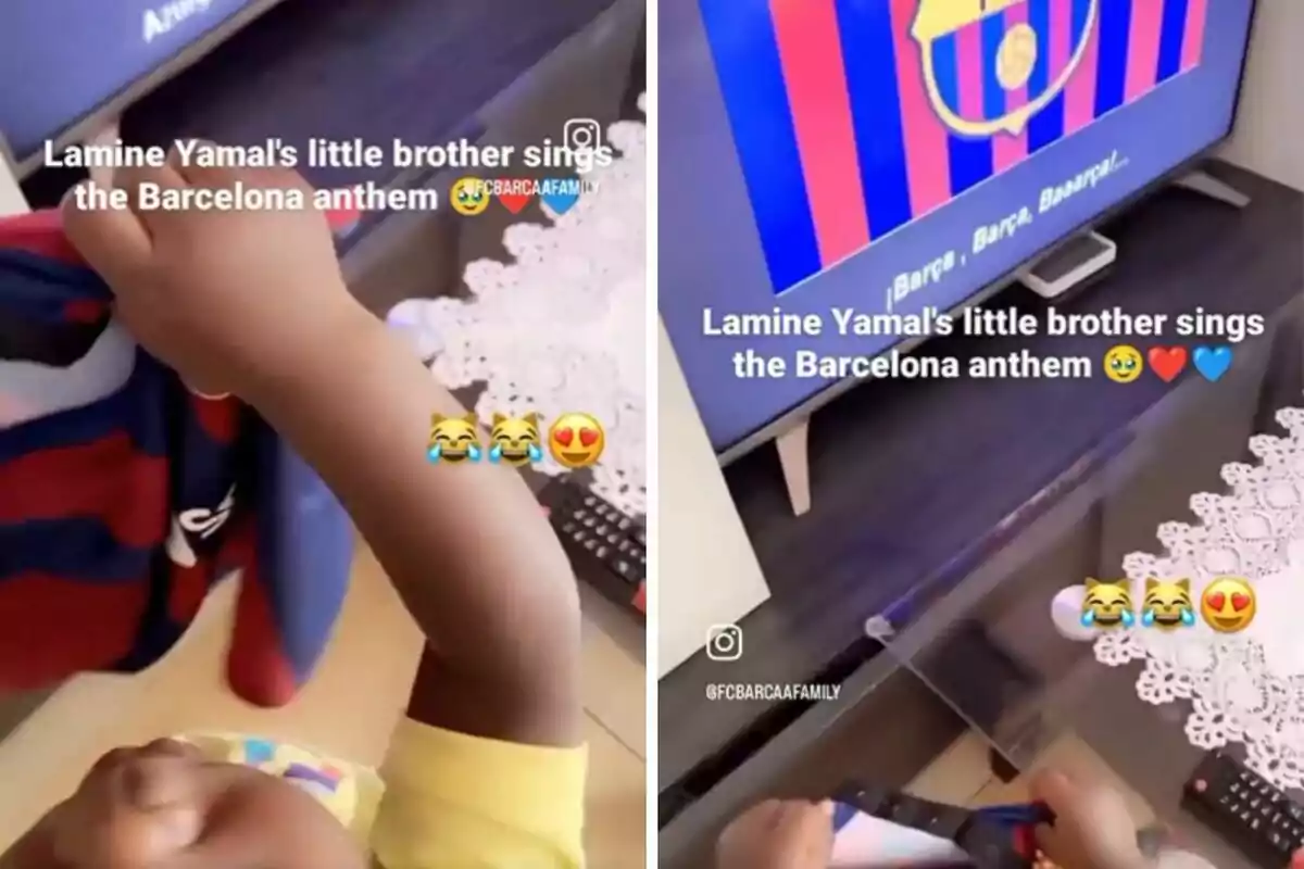 Un niño pequeño sostiene una camiseta del FC Barcelona mientras canta el himno del equipo frente a una televisión que muestra el escudo del club.