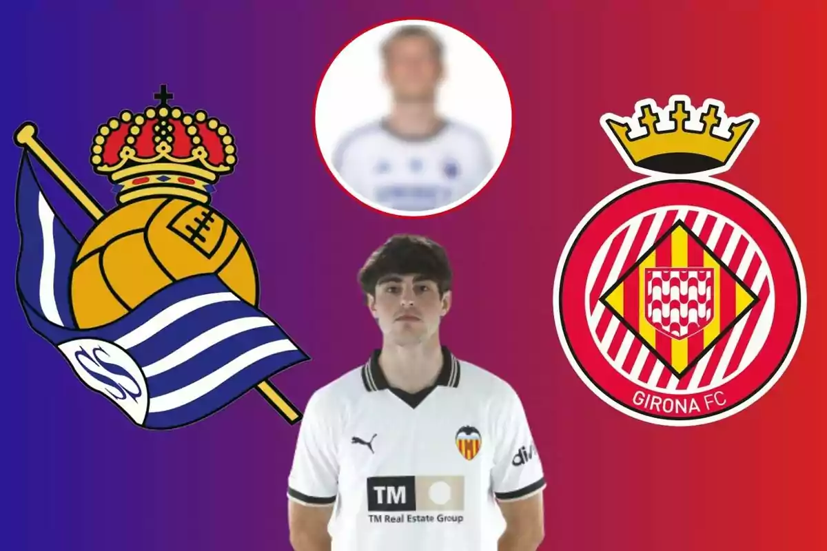 Un jugador de fútbol con la camiseta del Valencia CF está en el centro de la imagen, flanqueado por los escudos de la Real Sociedad a la izquierda y el Girona FC a la derecha, con un jugador borroso en la parte superior.