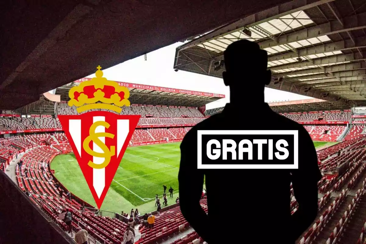 Estadi de futbol amb l'escut de l'Sporting de Gijón i la silueta d'una persona amb la paraula GRATIS