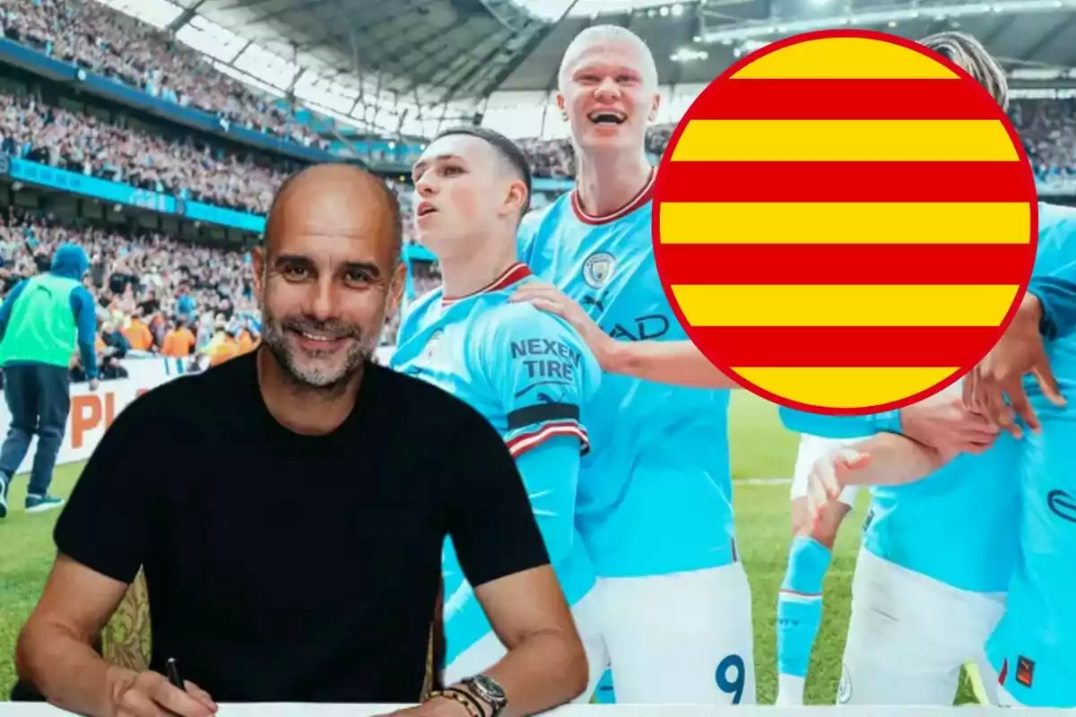 Un home calb amb barba somriu mentre signa un document, darrere seu hi ha jugadors de futbol amb samarretes celestes celebrant en un estadi ple d'espectadors, i un cercle amb franges vermelles i grogues cobreix part de la imatge.