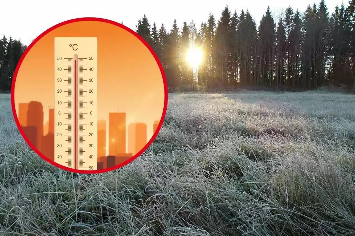 Termómetro mostrando temperaturas extremas sobre un fondo de ciudad y campo helado al amanecer.