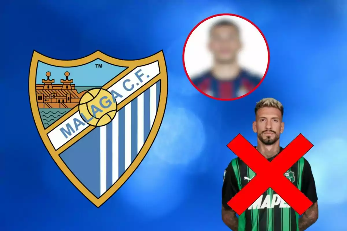 Escut del Màlaga C.F. al costat de dos jugadors, un amb una gran X vermella sobre ell.