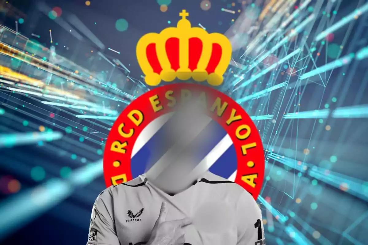 Una persona con la cara difuminada señalando el escudo del RCD Espanyol, con un fondo digital abstracto.