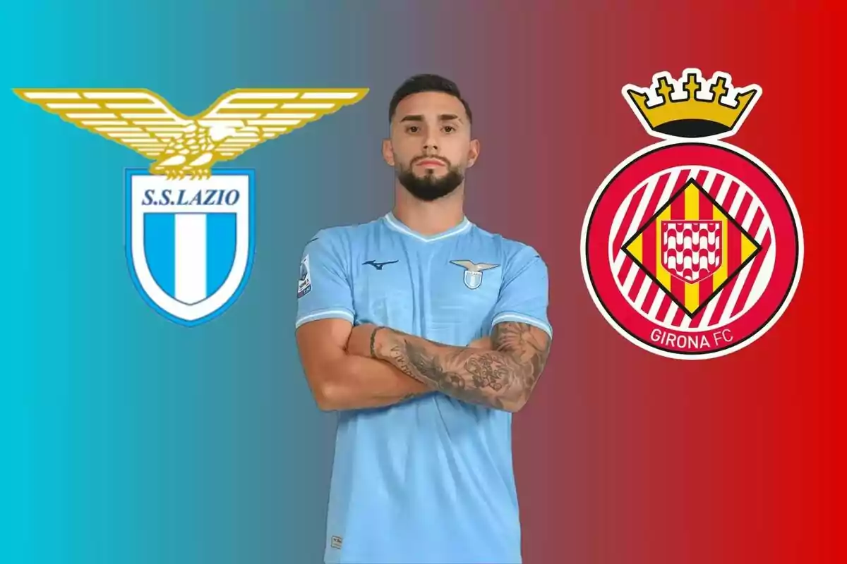 Un jugador de fútbol con el uniforme de la S.S. Lazio está de pie con los brazos cruzados, flanqueado por los escudos de la S.S. Lazio a la izquierda y del Girona FC a la derecha.