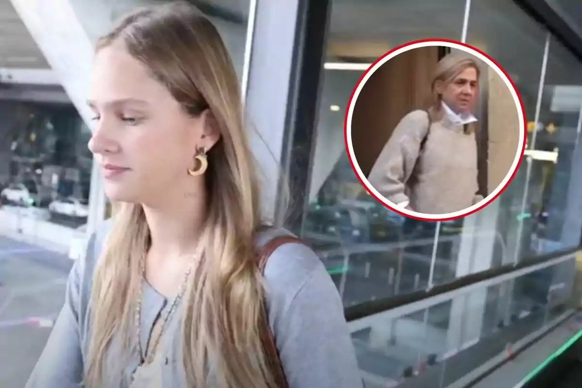 Una mujer rubia camina por un pasillo acristalado mientras lleva puesta una camiseta gris y pendientes dorados, con una imagen insertada en un círculo rojo que muestra a otra persona con cabello largo y rubio, usando un suéter beige y una mochila.