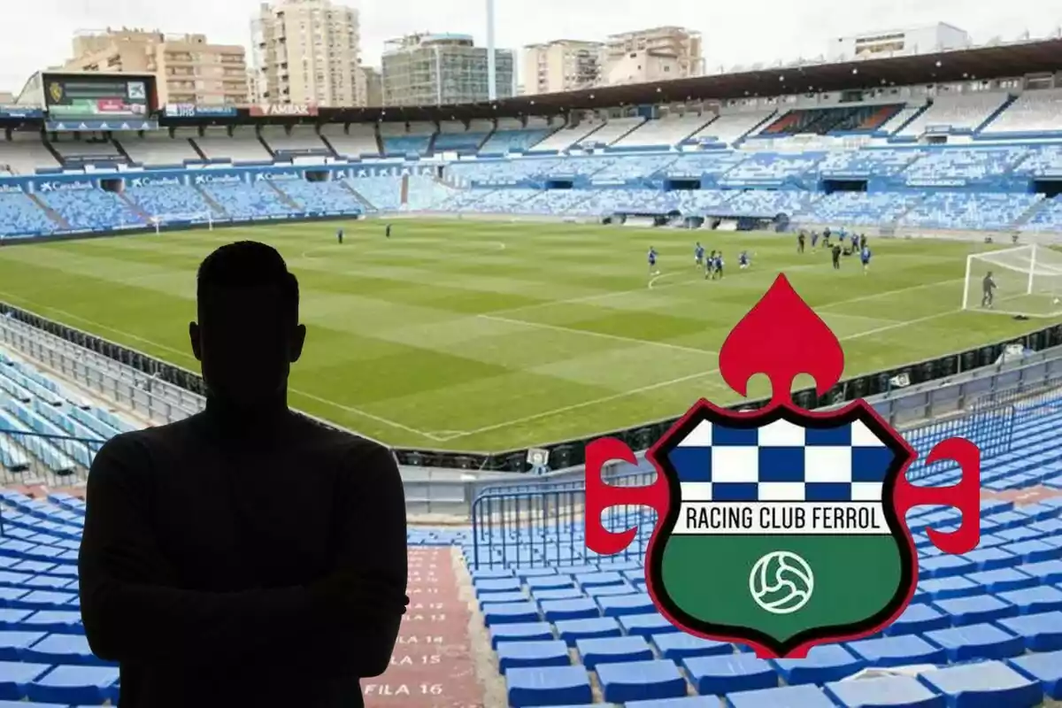 Una persona en silueta frente a un estadio de fútbol con el escudo del Racing Club Ferrol en primer plano.