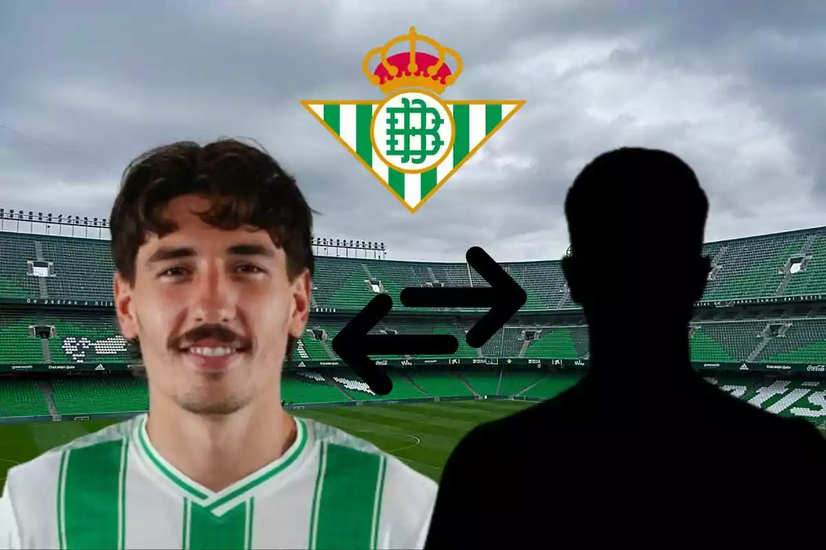 Un jugador del Real Betis con una flecha bidireccional apuntando a una silueta negra, con el logo del equipo y el estadio de fondo.