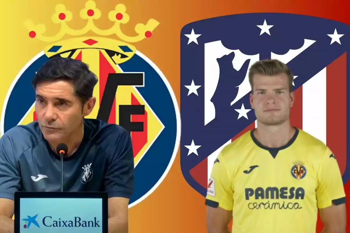 Un entrenador y un jugador del Villarreal CF con los escudos del Villarreal y del Atlético de Madrid de fondo.