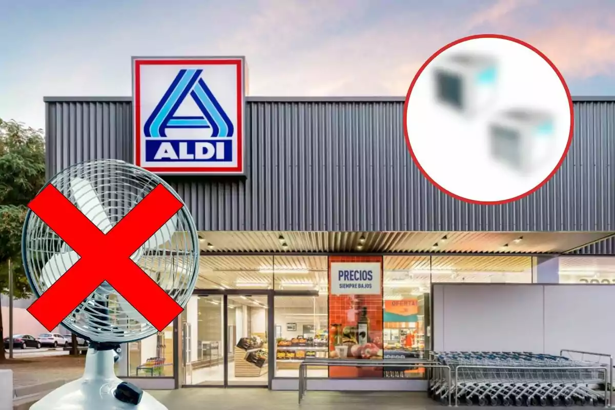 Imatge de la façana d'una botiga Aldi amb un ventilador ratllat en primer pla i una lupa que mostra dos objectes borrosos a la cantonada superior dreta.