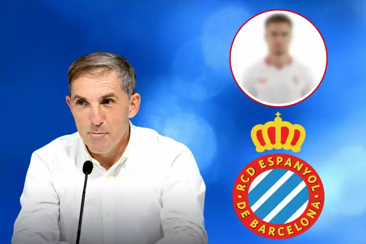 Un home amb camisa blanca i micròfon davant d?un fons blau amb el logotip del RCD Espanyol de Barcelona i una imatge borrosa d?una persona en un cercle vermell.