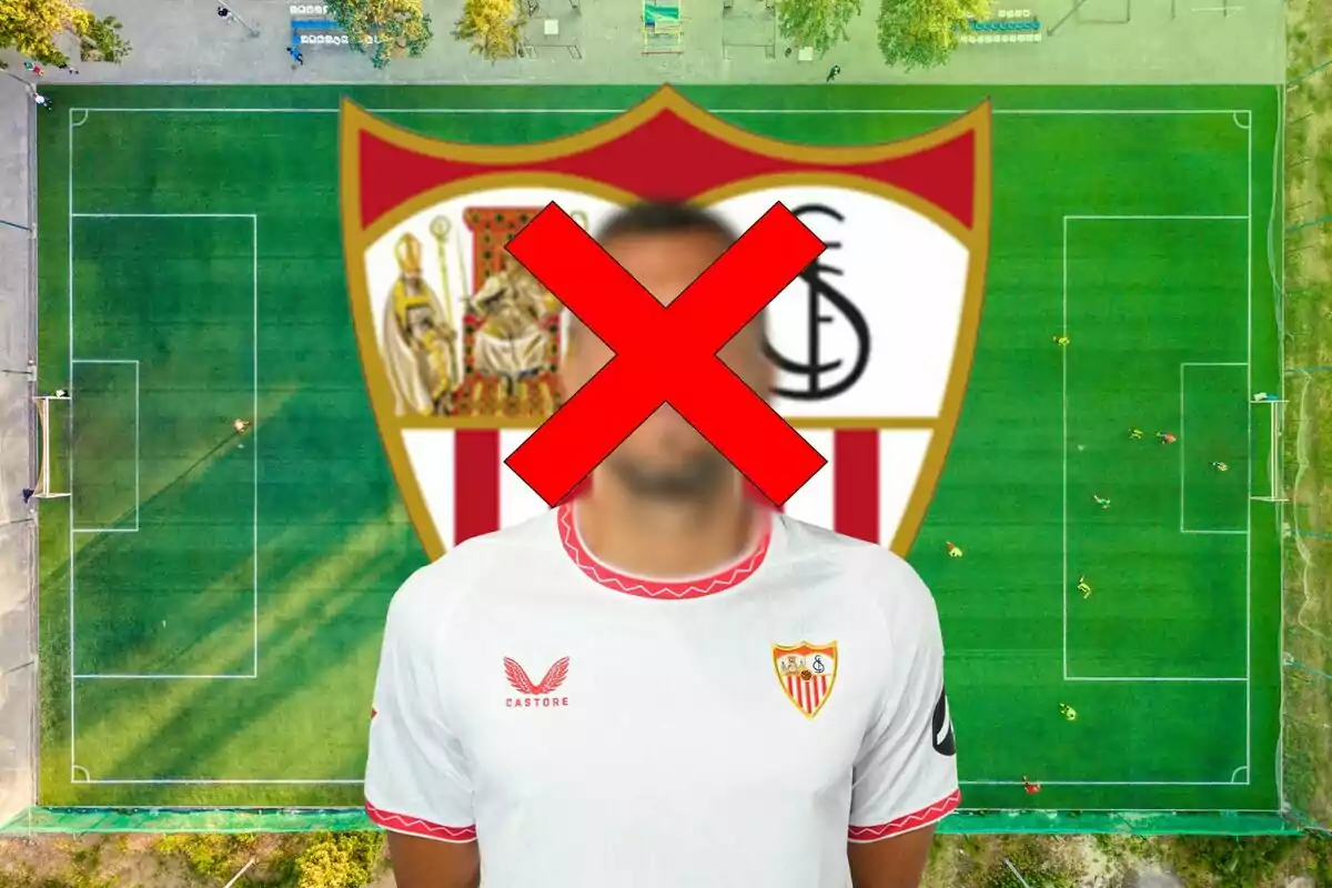 Un jugador de futbol amb la cara censurada amb una gran X vermella, vesteix una samarreta blanca amb detalls vermells i l?escut del Sevilla FC, sobre un fons d?un camp de futbol vist des de dalt.