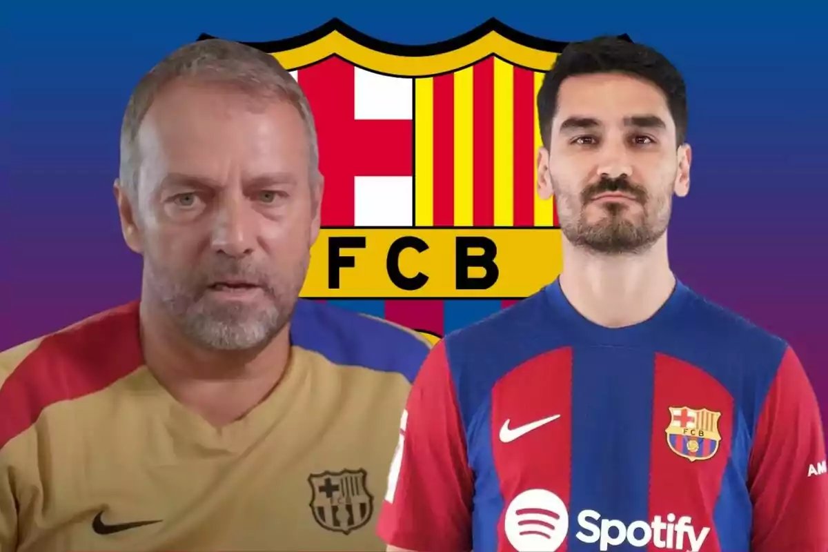 Dos homes amb samarretes del FC Barcelona davant de l'escut del club.