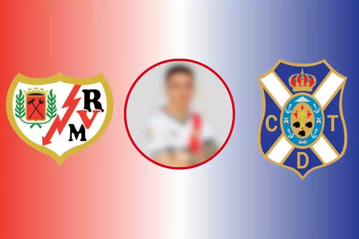 Escudos del Rayo Vallecano y el CD Tenerife con una figura borrosa en el centro.