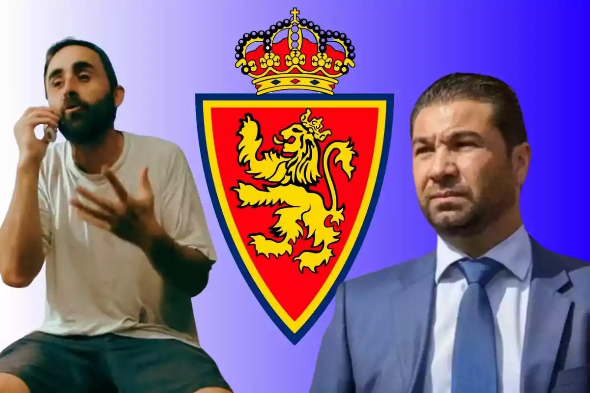 Dos hombres, uno con camiseta blanca y barba hablando por teléfono y otro con traje y corbata, con el escudo del Real Zaragoza en el centro sobre un fondo degradado azul y morado.