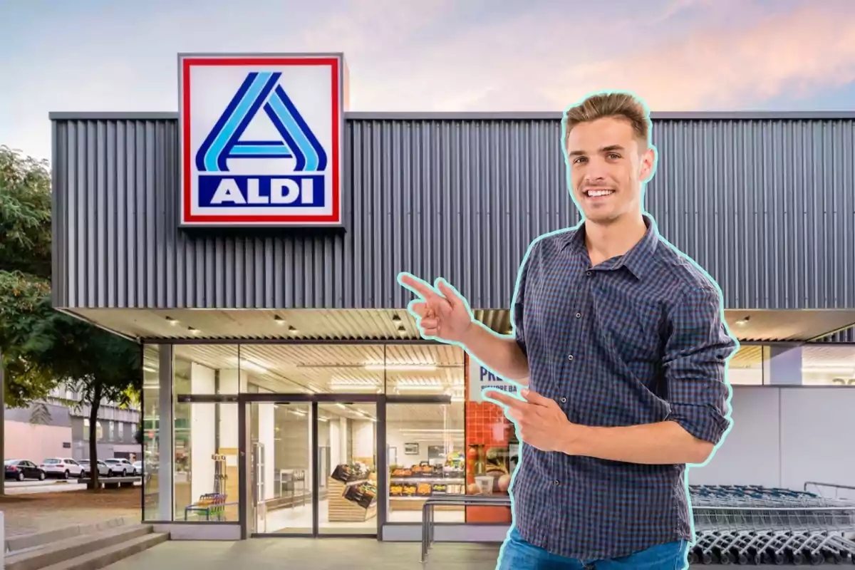 Un home somrient assenyala amb les dues mans cap a l'entrada d'una botiga Aldi.