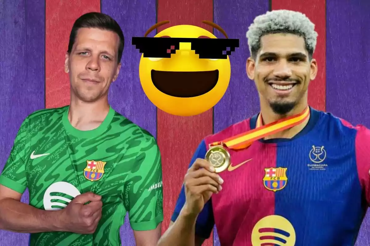 Dos jugadors de futbol amb samarretes del FC Barcelona posen davant d'un fons de franges vermelles i morades, mentre un emoji somrient amb ulleres de sol es troba al centre.
