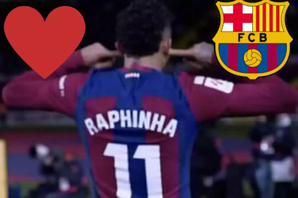 Muntatge amb Raphinha celebrant un gol, un cor a dalt a l'esquerra i l'escut del FC Barcelona a dalt a la dreta