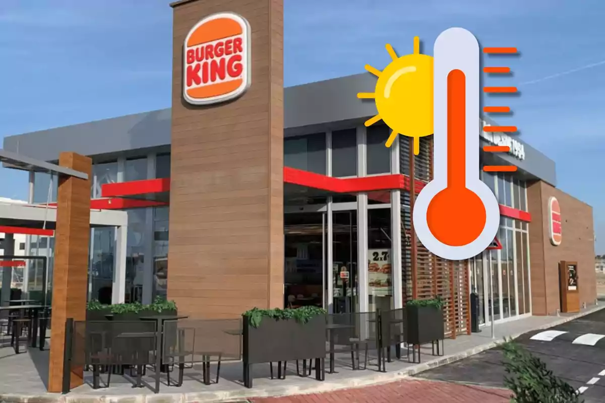 Restaurant Burger King amb una icona de termòmetre i sol indicant altes temperatures.