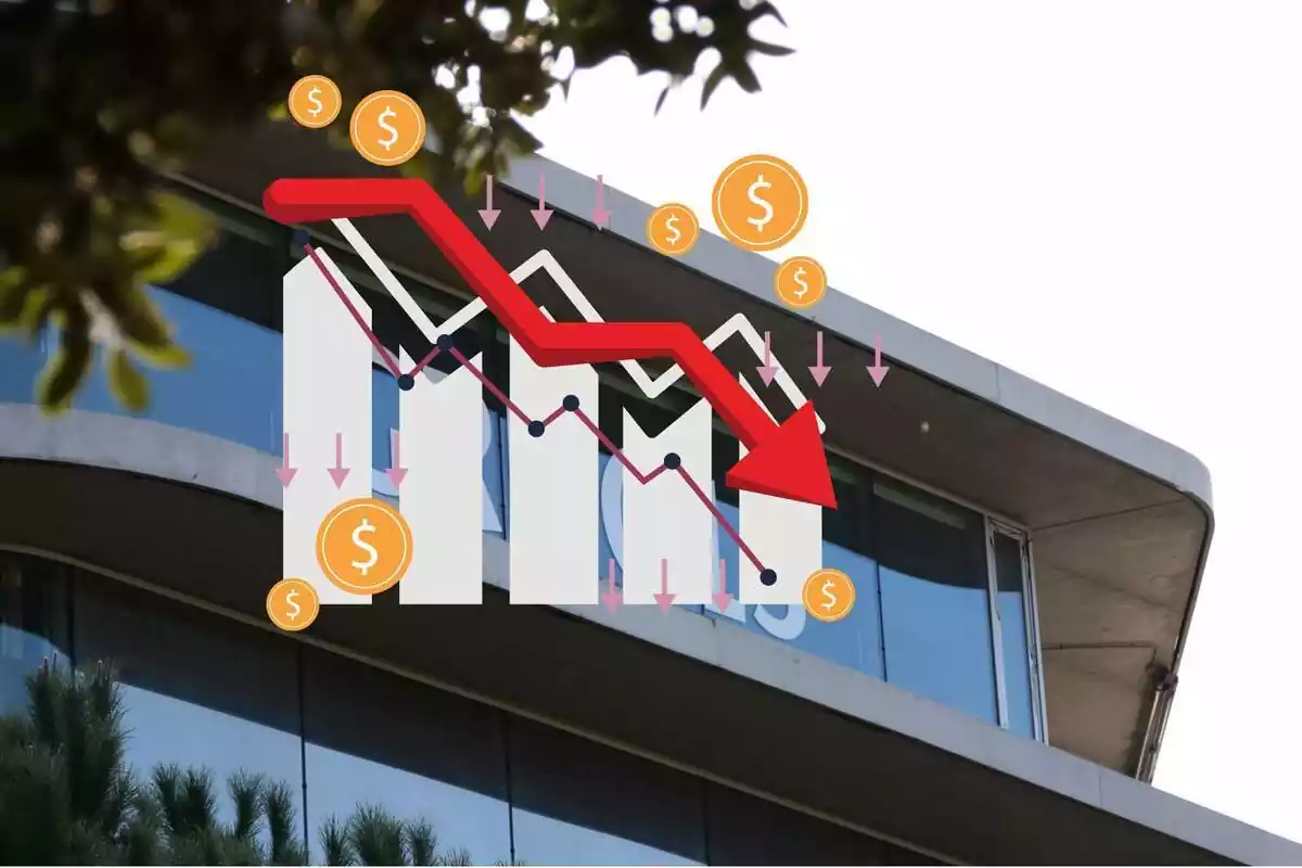 Muntatge amb una imatge de l'empresa referenciada a la notícia i al centre un dibuix amb valors borsaris en caiguda