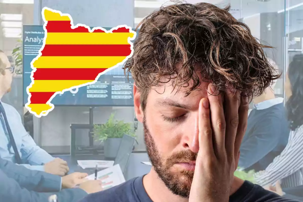 Un home amb expressió de cansament es cobreix el rostre amb una mà mentre al fons s'observa una reunió de treball i un mapa amb els colors de la bandera catalana.